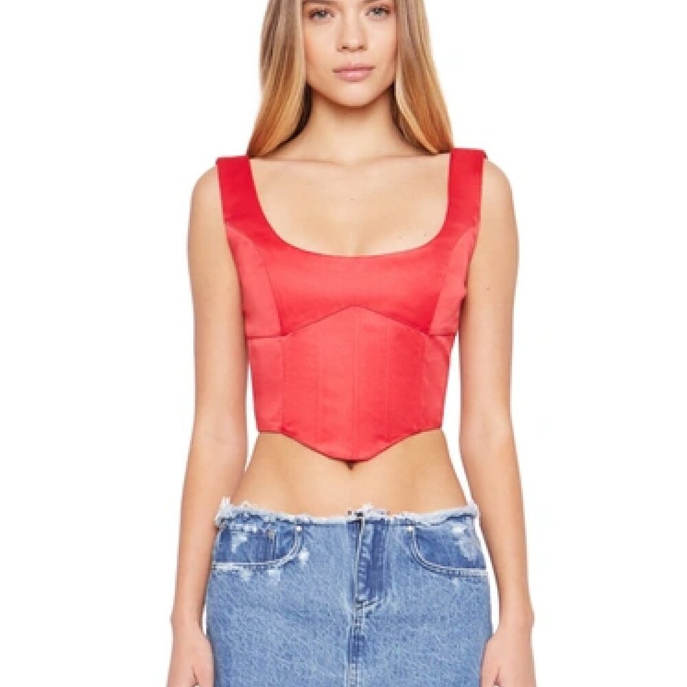 Danielle Guizio Satin Red Lace Up Bustier Corset - Picture 2 of 13